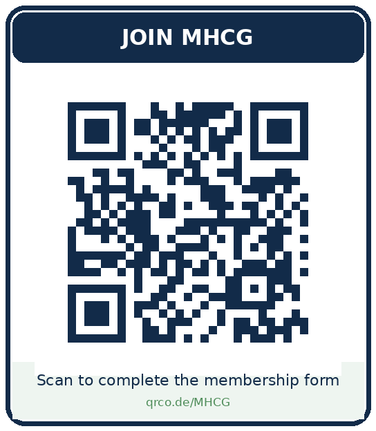 QR code linking to the MHCG membership form at qrco.de/MHCG
