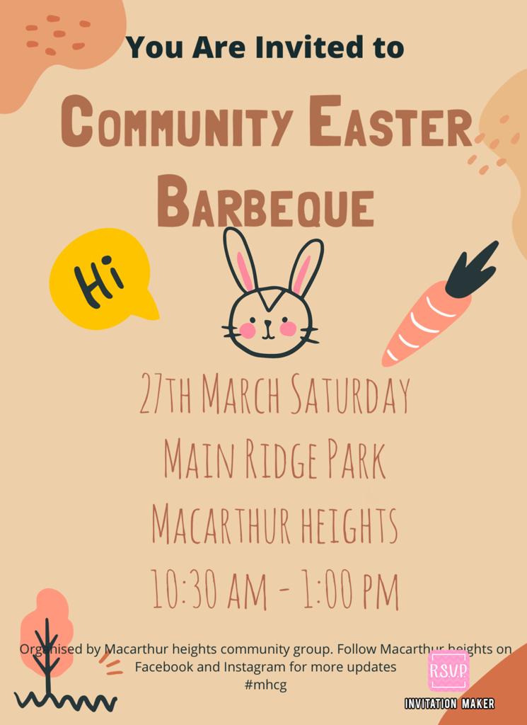 Poster inviting residents to the MHCG community Easter barbecue at Main Ridge Park